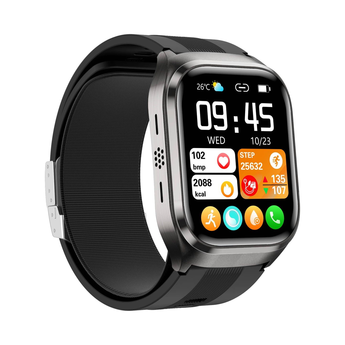 Smart Watch featuring an Air Bag Blood Pressure Monitor and comprehensive health tracking, equipped with a vibrant 2.06-Inch AMOLED screen. 6