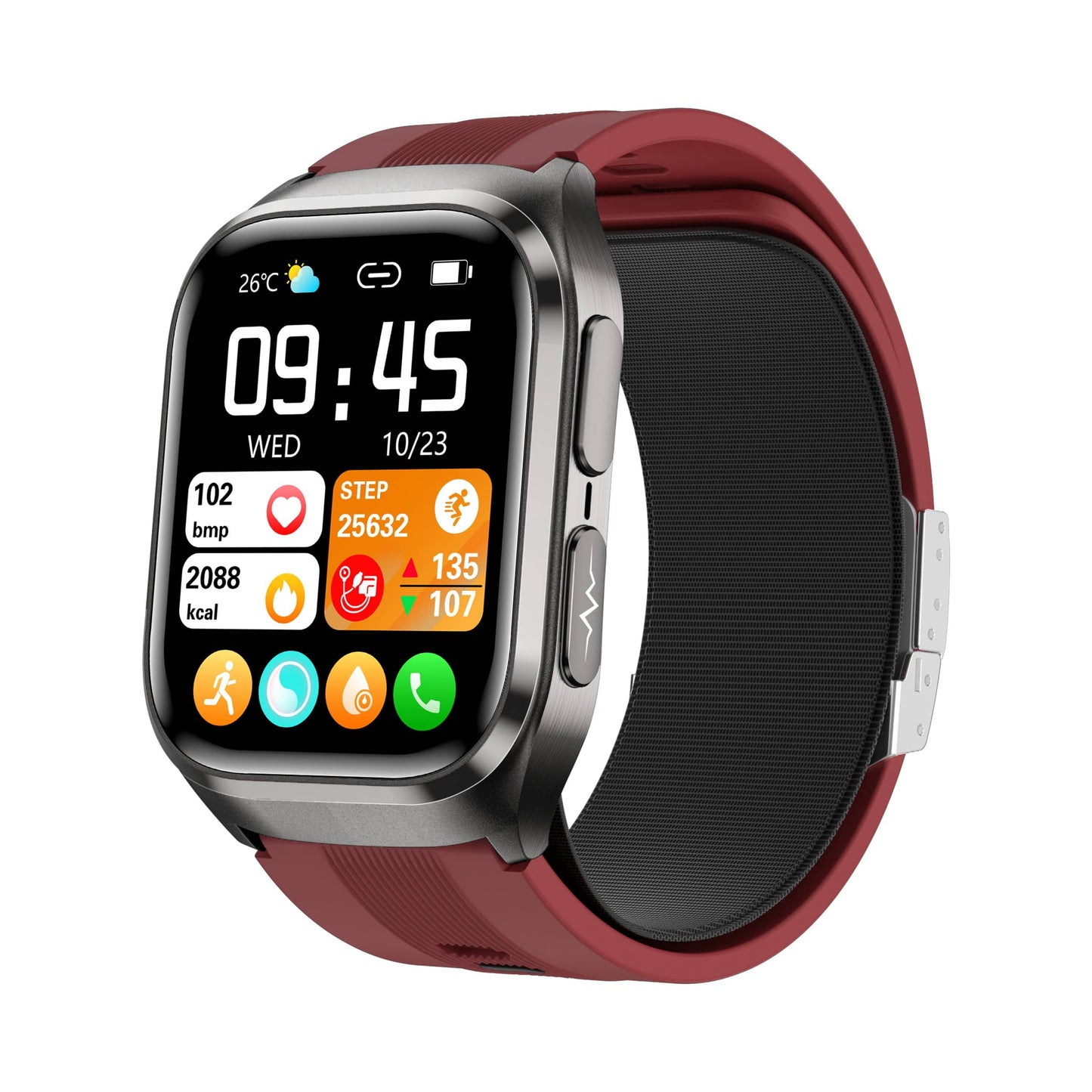 Smart Watch featuring an Air Bag Blood Pressure Monitor and comprehensive health tracking, equipped with a vibrant 2.06-Inch AMOLED screen. 2