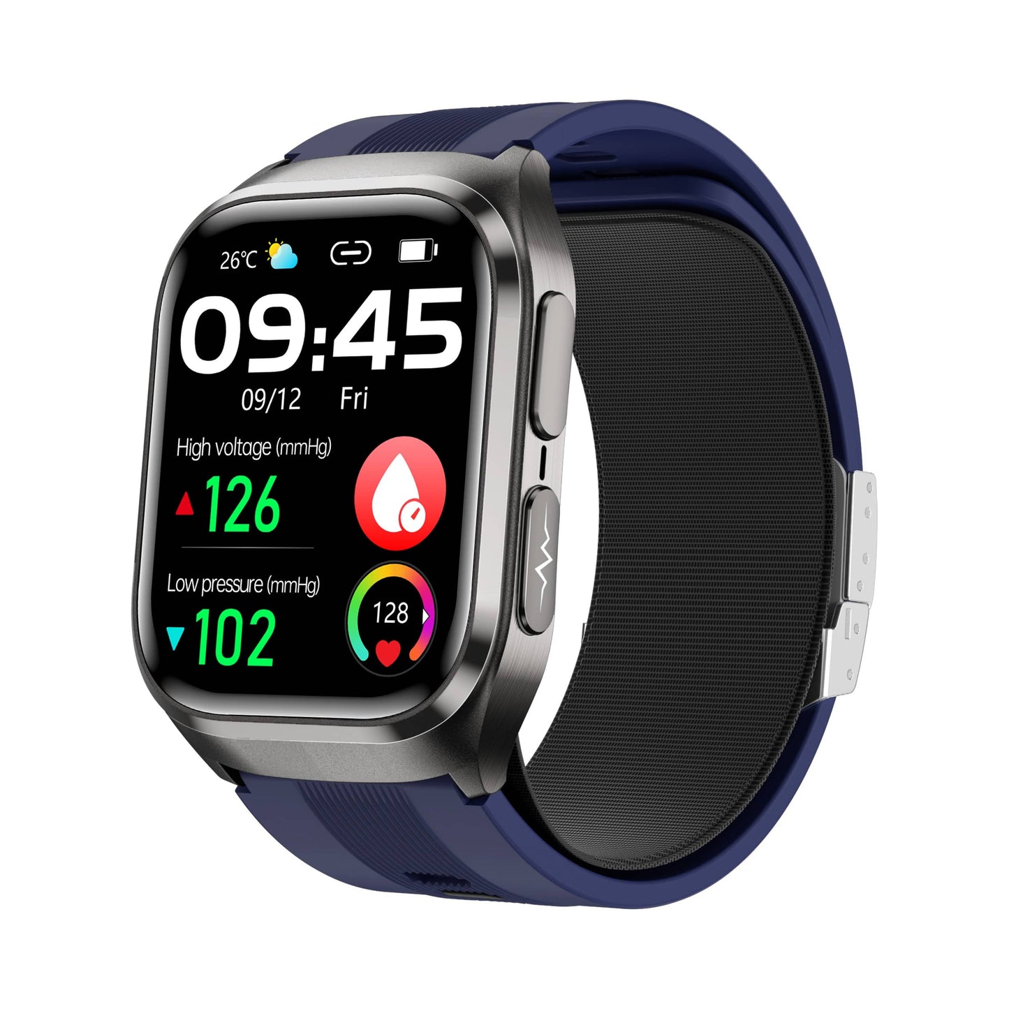 Smart Watch featuring an Air Bag Blood Pressure Monitor and comprehensive health tracking, equipped with a vibrant 2.06-Inch AMOLED screen. 1