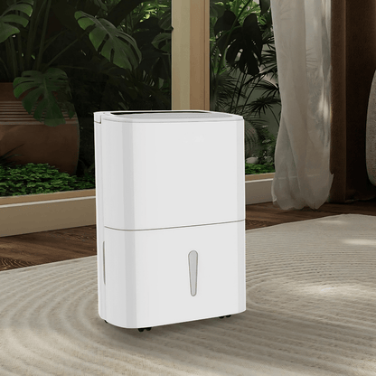 Smart WiFi Dehumidifier for large rooms, featuring a 120-pint capacity and dual drainage options, designed for effective moisture control and portability. 0