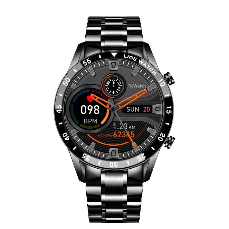 Smartwatch with 4G connectivity featuring a sleek black stainless steel strap and an intuitive touchscreen display, perfect for fitness tracking and smartphone notifications. 3