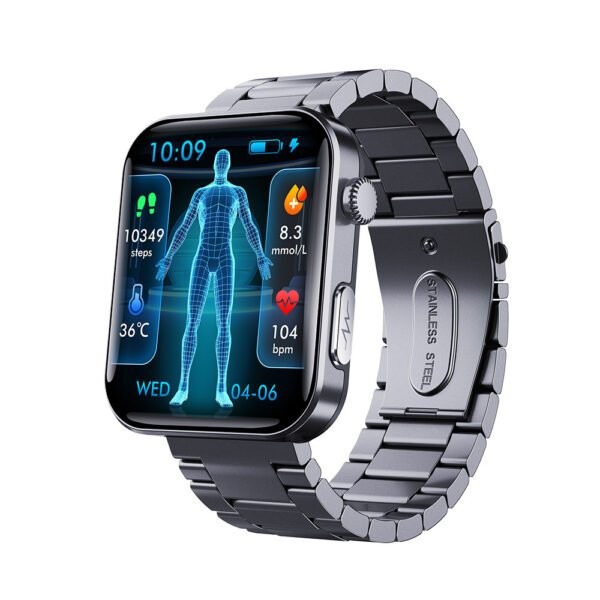 Smartwatch featuring blood glucose monitoring and ECG tracking, designed with a sleek stainless steel finish for health-conscious users. 4