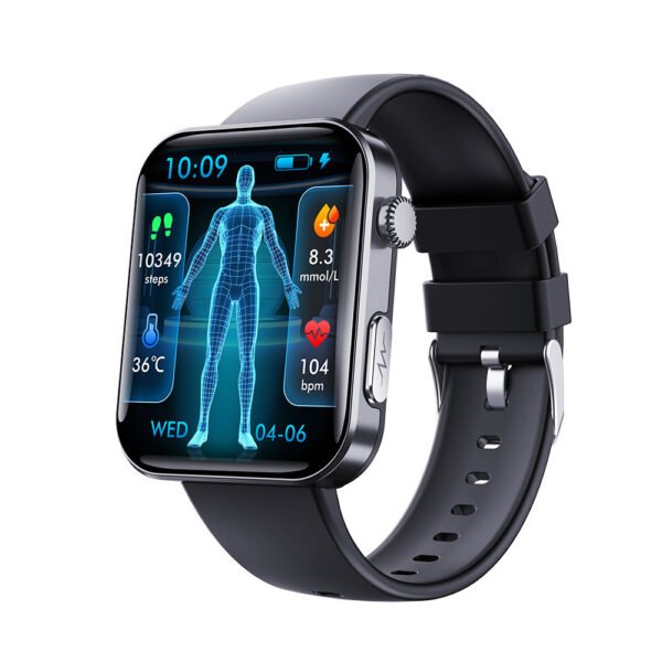 Smartwatch featuring blood glucose monitoring and ECG tracking, designed with a sleek stainless steel finish for health-conscious users. 3