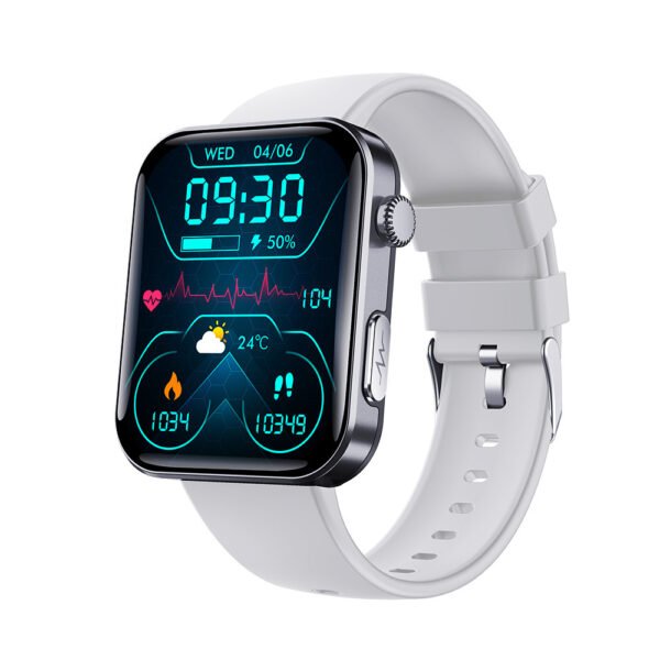 Smartwatch featuring blood glucose monitoring and ECG tracking, designed with a sleek stainless steel finish for health-conscious users. 2