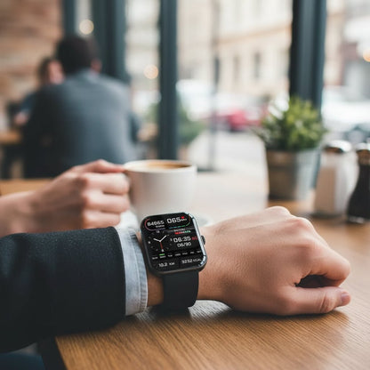 Smartwatch featuring blood pressure and sugar monitoring, Bluetooth call functionality, durable zinc alloy case, and comfortable silicone strap. 0