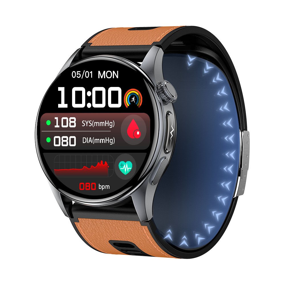 Smartwatch featuring ECG and blood pressure monitoring, 1.56-inch AMOLED display, durable alloy case, and advanced fitness tracking capabilities. 3