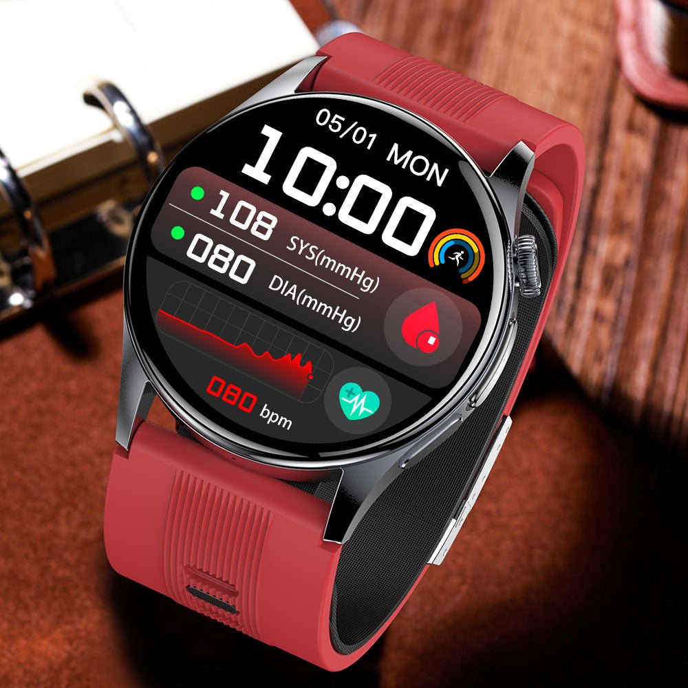Smartwatch featuring ECG and blood pressure monitoring, 1.56-inch AMOLED display, durable alloy case, and advanced fitness tracking capabilities. 8
