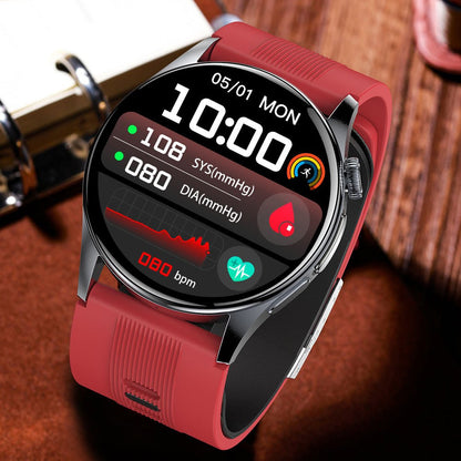 Smartwatch featuring ECG and blood pressure monitoring, 1.56-inch AMOLED display, durable alloy case, and advanced fitness tracking capabilities. 8