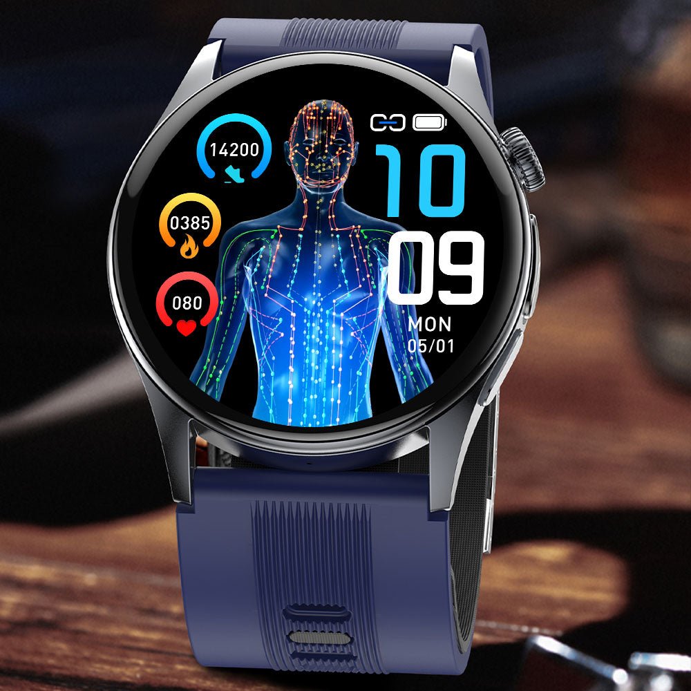 Smartwatch featuring ECG and blood pressure monitoring, 1.56-inch AMOLED display, durable alloy case, and advanced fitness tracking capabilities. 4