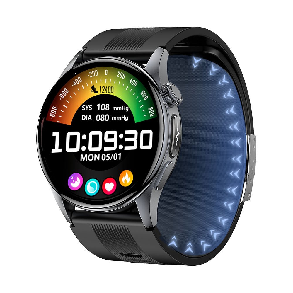 Smartwatch featuring ECG and blood pressure monitoring, 1.56-inch AMOLED display, durable alloy case, and advanced fitness tracking capabilities. 0
