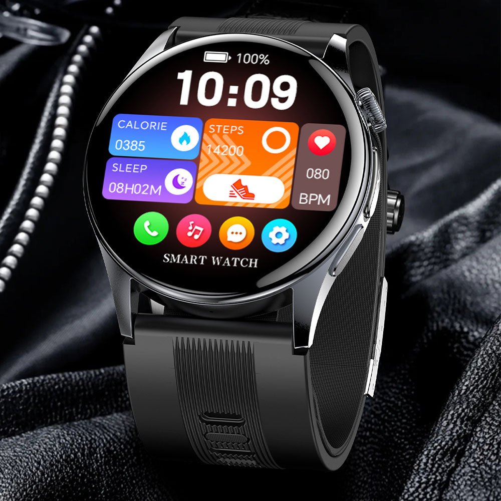 Smartwatch featuring ECG and blood pressure monitoring, 1.56-inch AMOLED display, durable alloy case, and advanced fitness tracking capabilities. 5