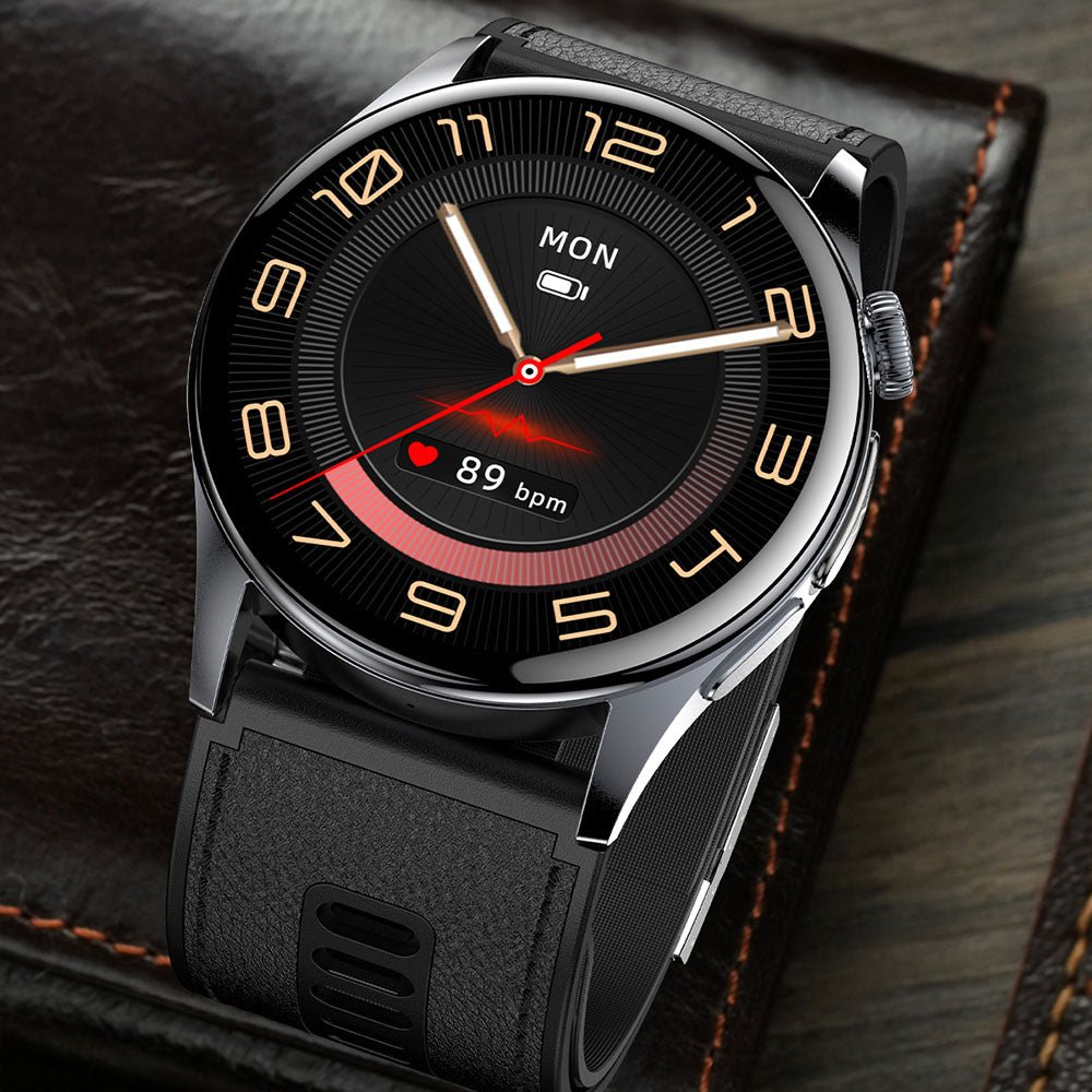 Smartwatch featuring ECG and blood pressure monitoring, 1.56-inch AMOLED display, durable alloy case, and advanced fitness tracking capabilities. 6