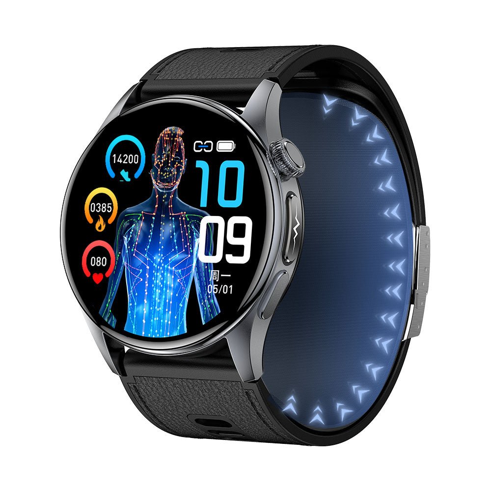 Smartwatch featuring ECG and blood pressure monitoring, 1.56-inch AMOLED display, durable alloy case, and advanced fitness tracking capabilities. 1