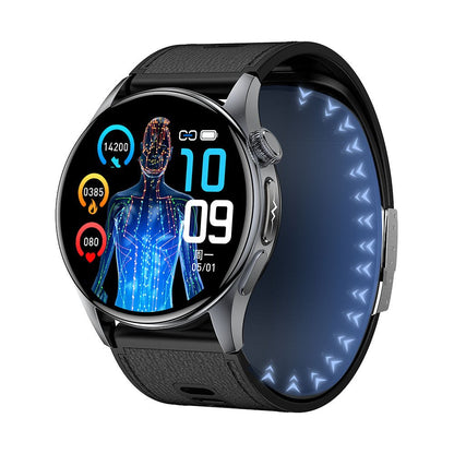 Smartwatch featuring ECG and blood pressure monitoring, 1.56-inch AMOLED display, durable alloy case, and advanced fitness tracking capabilities. 1