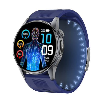 Smartwatch featuring ECG and blood pressure monitoring, 1.56-inch AMOLED display, durable alloy case, and advanced fitness tracking capabilities. 2