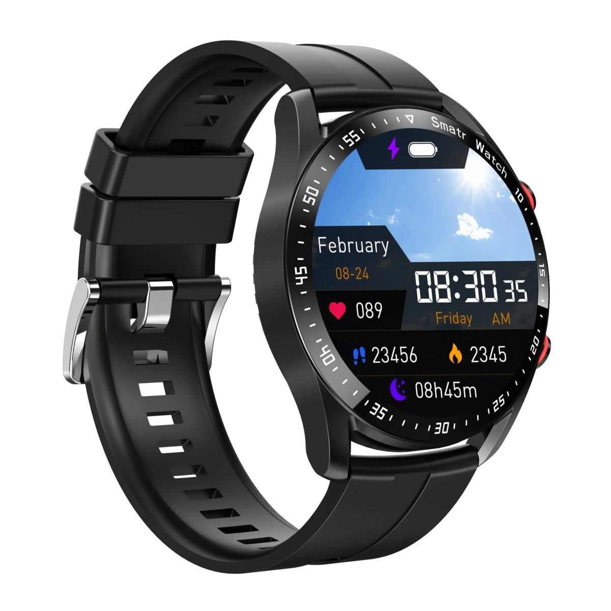 Smartwatch featuring ECG and heart rate monitor, waterproof design, HD touch screen, and lightweight comfortable wear for fitness tracking and health monitoring. 1