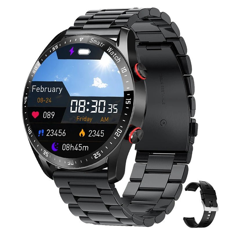 Smartwatch featuring ECG and heart rate monitor, waterproof design, HD touch screen, and lightweight comfortable wear for fitness tracking and health monitoring. 0