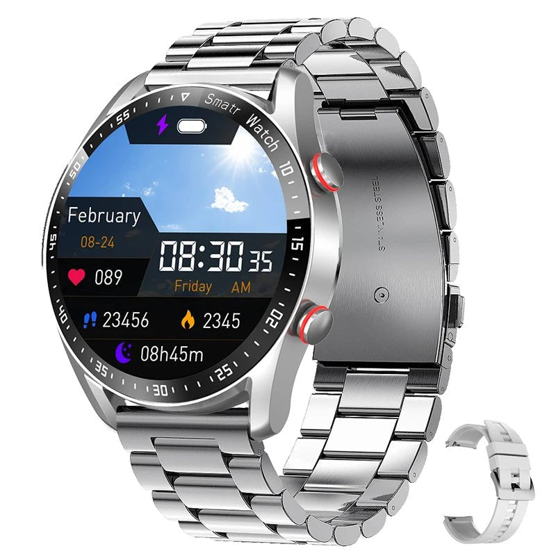 Smartwatch featuring ECG and heart rate monitor, waterproof design, HD touch screen, and lightweight comfortable wear for fitness tracking and health monitoring. 10