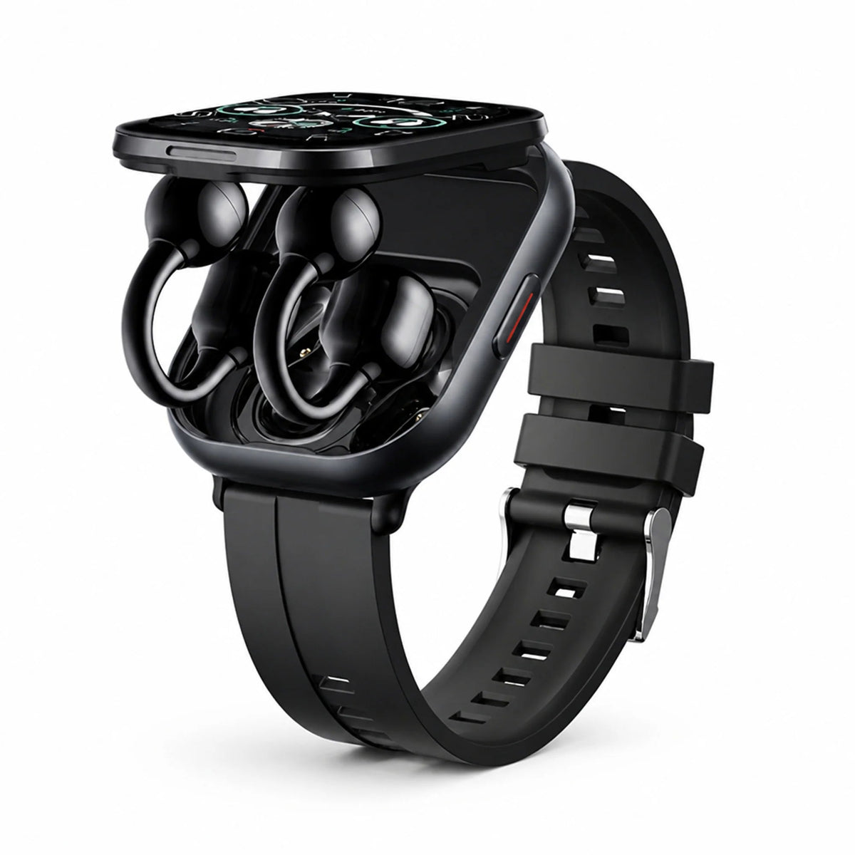 Smartwatch featuring integrated wireless earbuds, HD touchscreen display, health tracking capabilities, and voice control functionality. 0