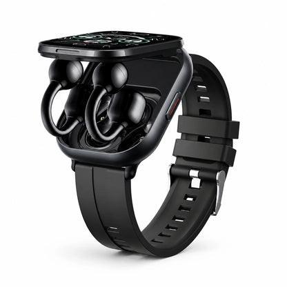 Smartwatch featuring integrated wireless earbuds, HD touchscreen display, health tracking capabilities, and voice control functionality. 0