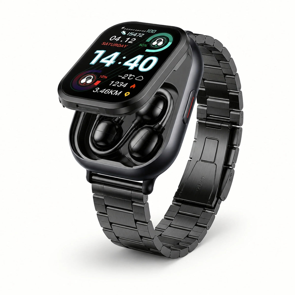 Smartwatch featuring integrated wireless earbuds, HD touchscreen display, health tracking capabilities, and voice control functionality. 1