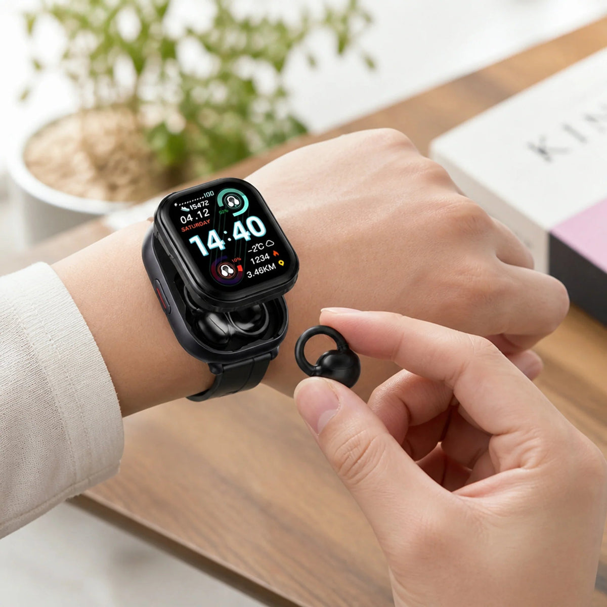 Smartwatch featuring integrated wireless earbuds, HD touchscreen display, health tracking capabilities, and voice control functionality. 2