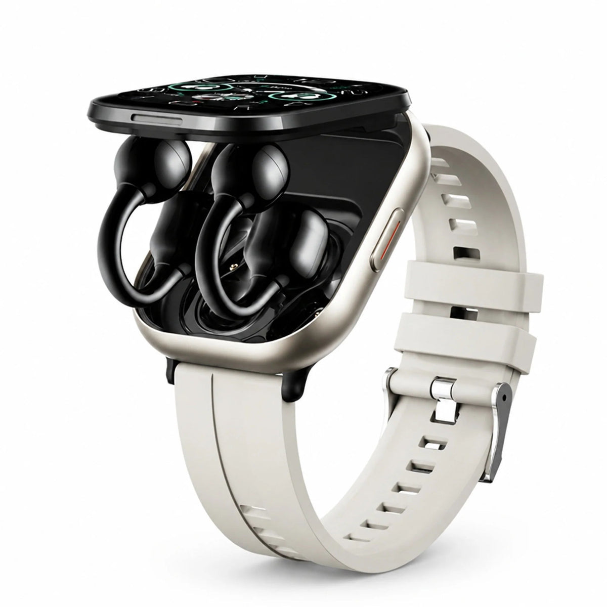 Smartwatch featuring integrated wireless earbuds, HD touchscreen display, health tracking capabilities, and voice control functionality. 3