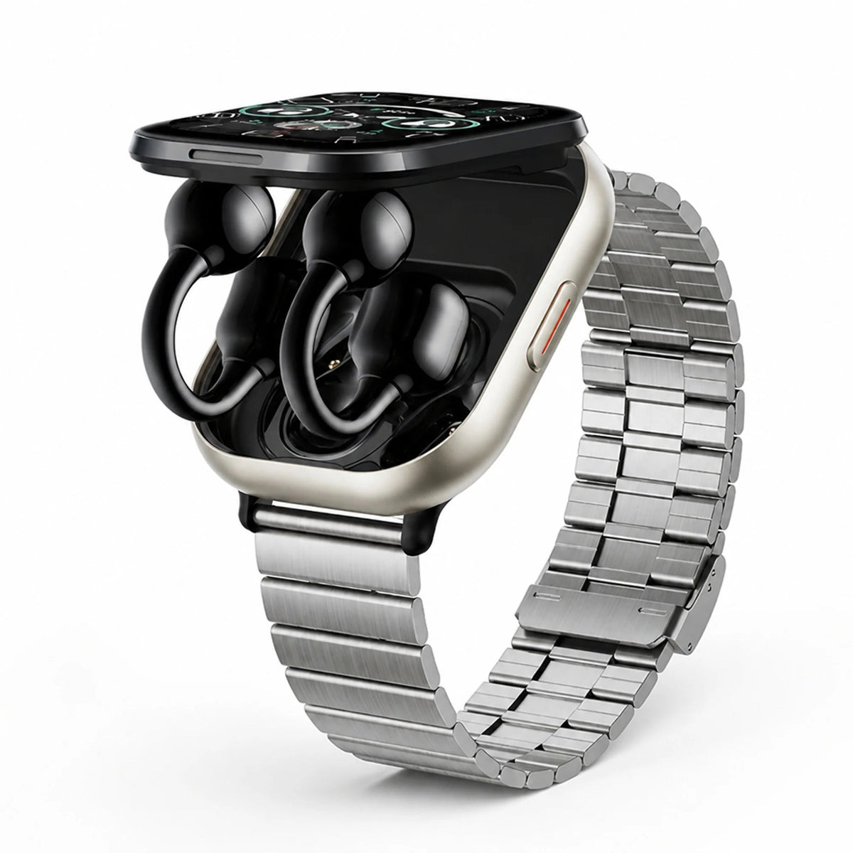 Smartwatch featuring integrated wireless earbuds, HD touchscreen display, health tracking capabilities, and voice control functionality. 5