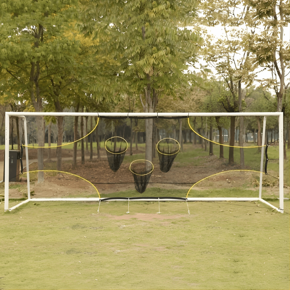 Soccer training target net designed for accuracy practice, made from portable polyester, compatible with most standard goals. 1