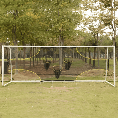 Soccer training target net designed for accuracy practice, made from portable polyester, compatible with most standard goals. 1