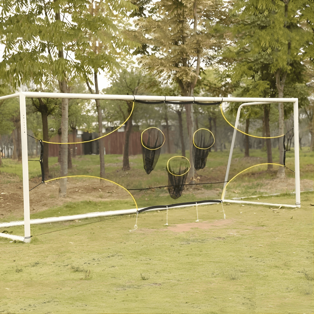 Soccer training target net designed for accuracy practice, made from portable polyester, compatible with most standard goals. 0