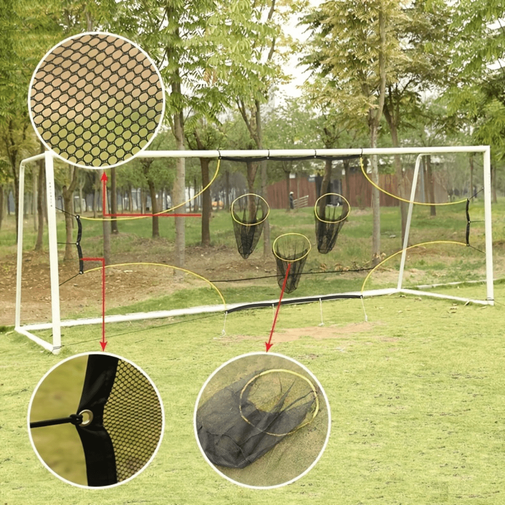 Soccer training target net designed for accuracy practice, made from portable polyester, compatible with most standard goals. 3