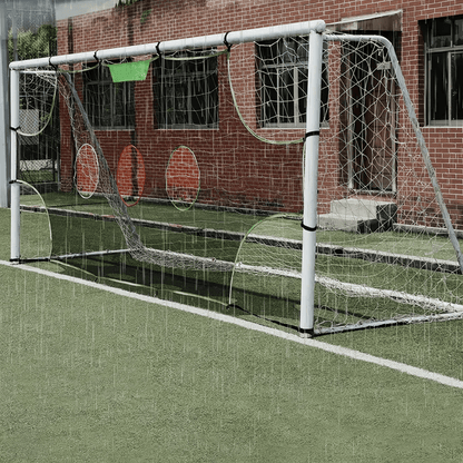 Soccer training target net featuring 5 precision holes, made of durable black nylon, designed for outdoor practice to improve shooting accuracy. 2