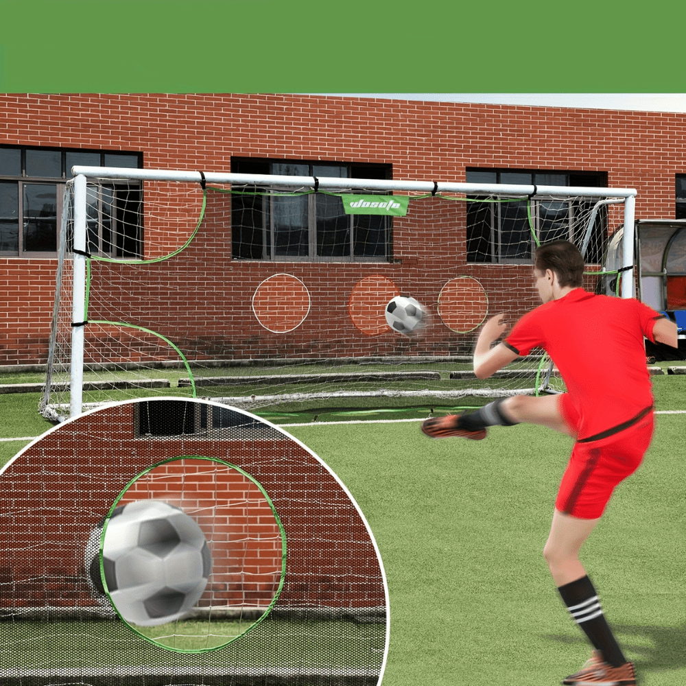 Soccer training target net featuring 5 precision holes, made of durable black nylon, designed for outdoor practice to improve shooting accuracy. 1