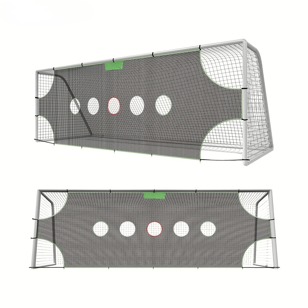 Soccer training target net featuring 5 precision holes, made of durable black nylon, designed for outdoor practice to improve shooting accuracy. 5