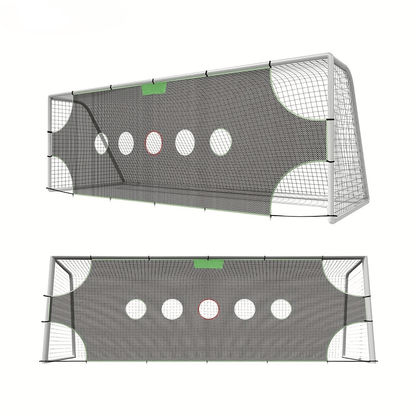 Soccer training target net featuring 5 precision holes, made of durable black nylon, designed for outdoor practice to improve shooting accuracy. 5