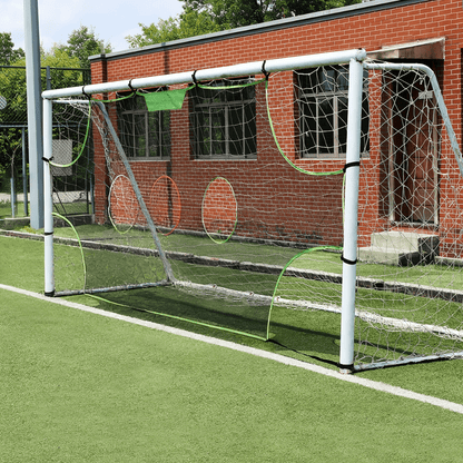 Soccer training target net featuring 5 precision holes, made of durable black nylon, designed for outdoor practice to improve shooting accuracy. 0