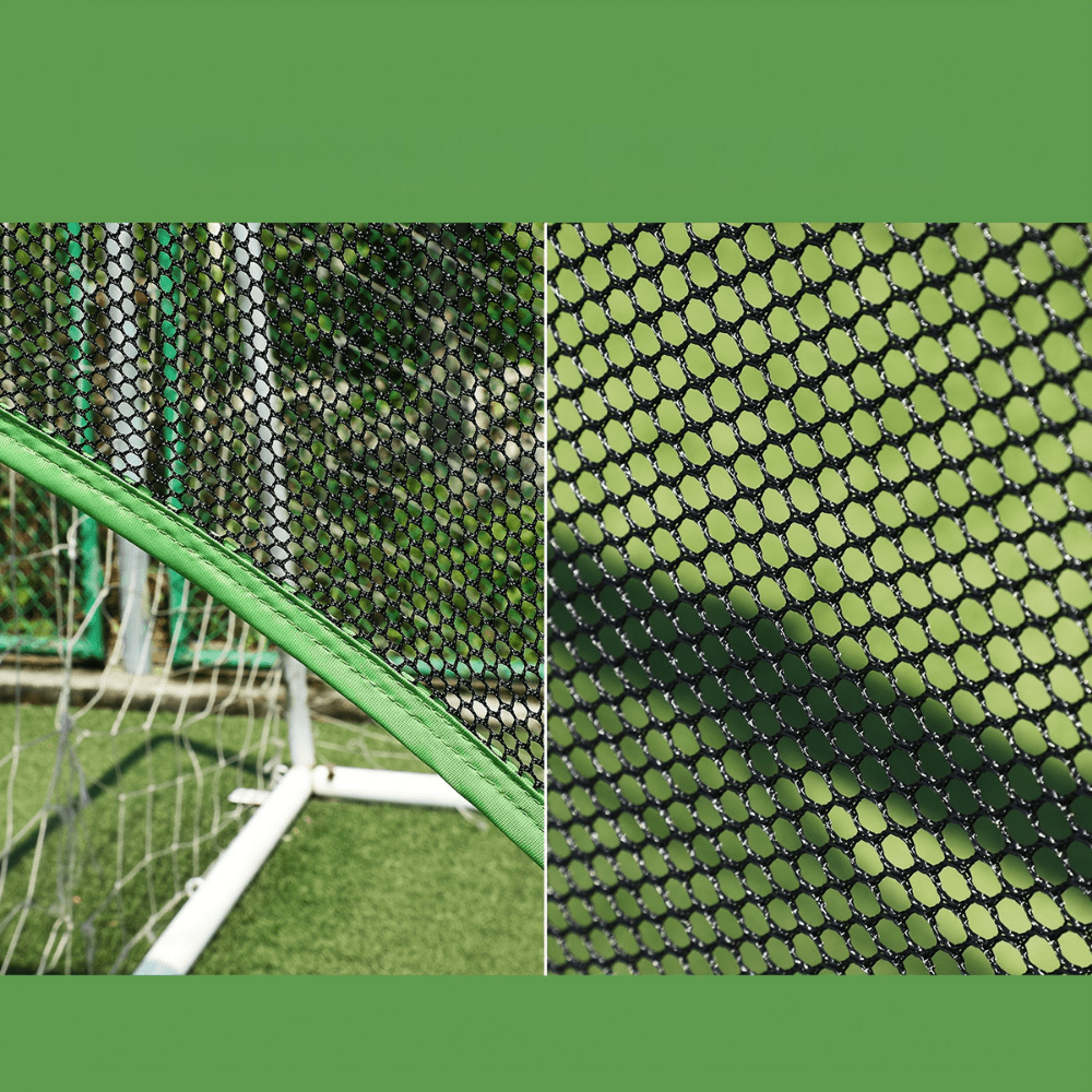 Soccer training target net featuring 5 precision holes, made of durable black nylon, designed for outdoor practice to improve shooting accuracy. 4