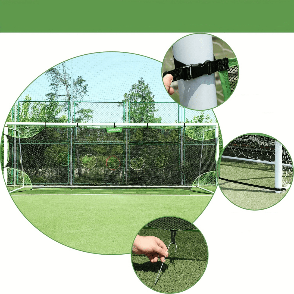 Soccer training target net featuring 5 precision holes, made of durable black nylon, designed for outdoor practice to improve shooting accuracy. 3