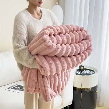 Soft faux fur blanket in a cozy living room setting, showcasing its lightweight design and luxurious texture, perfect for home decor and easy washing. 4