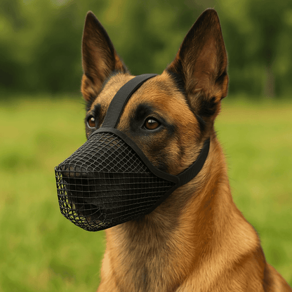 Soft mesh dog muzzle featuring adjustable straps, designed for small dogs; breathable and lightweight for comfort during walks and vet visits. 1