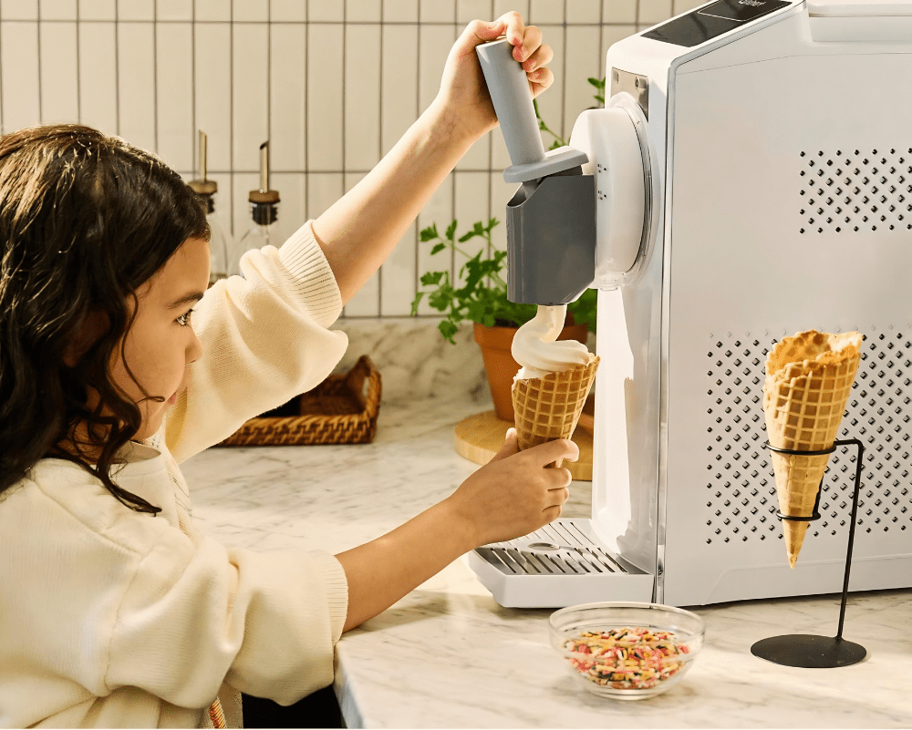 Soft Serve Ice Cream Maker with Quick-Freeze Compressor, perfect for creating a variety of frozen desserts at home, featuring a sleek design and multiple functions for 5