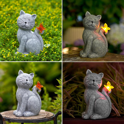 Hand-painted solar garden cat statue featuring a butterfly light, perfect for adding charm and illumination to your outdoor space. 2