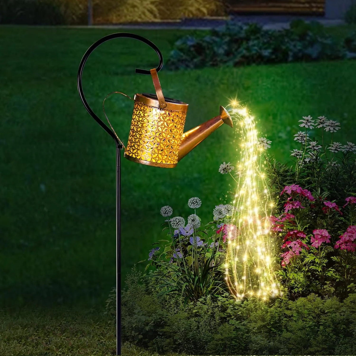 Decorative solar garden light featuring 60 bright LEDs in a charming metal watering can design, ideal for adding stylish and weather-resistant illumination to outdoor spaces. 0