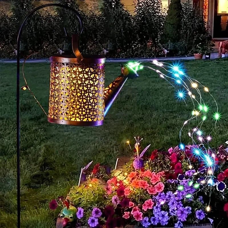 Decorative solar garden light featuring 60 bright LEDs in a charming metal watering can design, ideal for adding stylish and weather-resistant illumination to outdoor spaces. 7