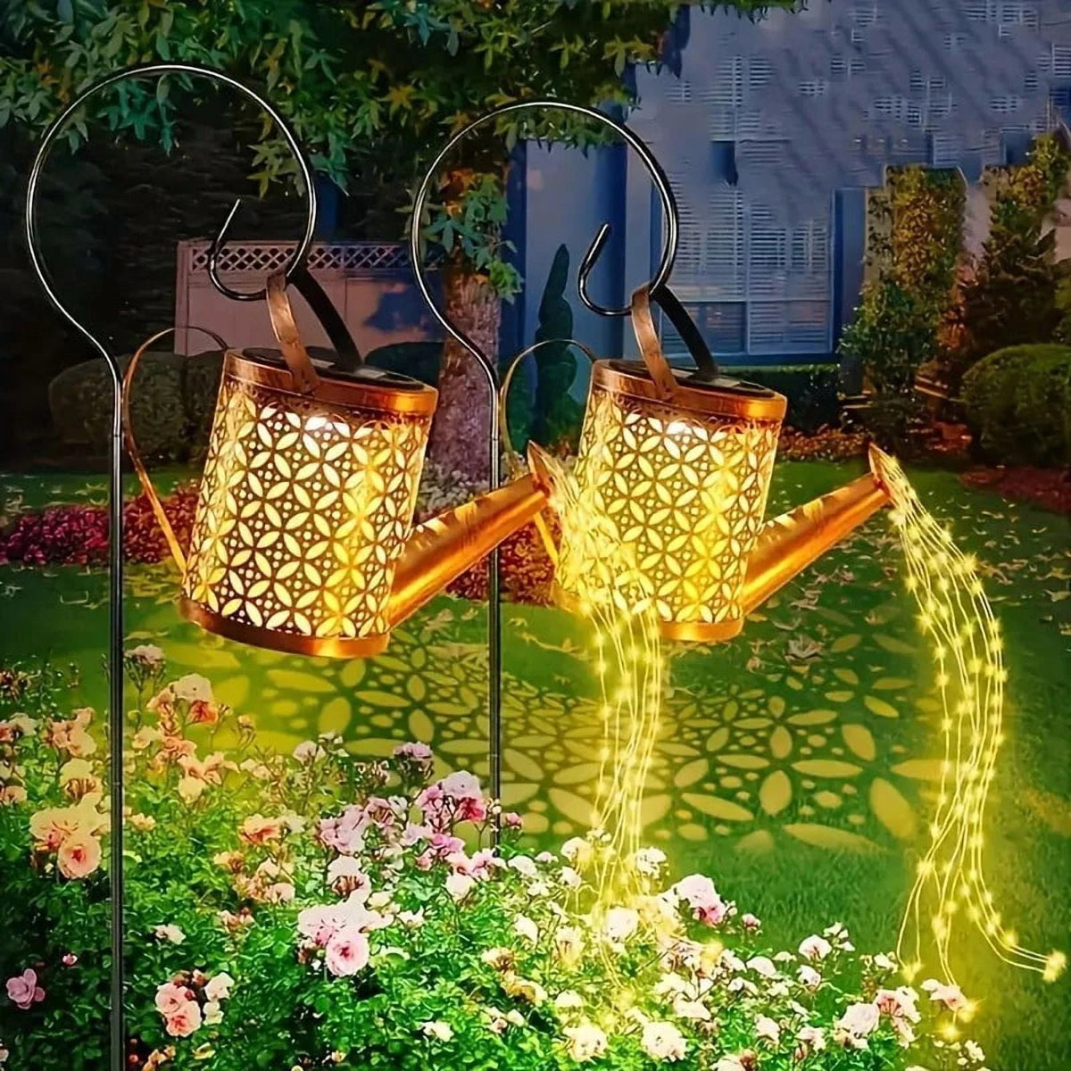 Decorative solar garden light featuring 60 bright LEDs in a charming metal watering can design, ideal for adding stylish and weather-resistant illumination to outdoor spaces. 1