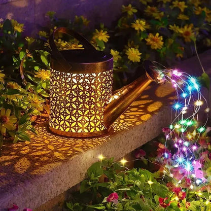 Decorative solar garden light featuring 60 bright LEDs in a charming metal watering can design, ideal for adding stylish and weather-resistant illumination to outdoor spaces. 8