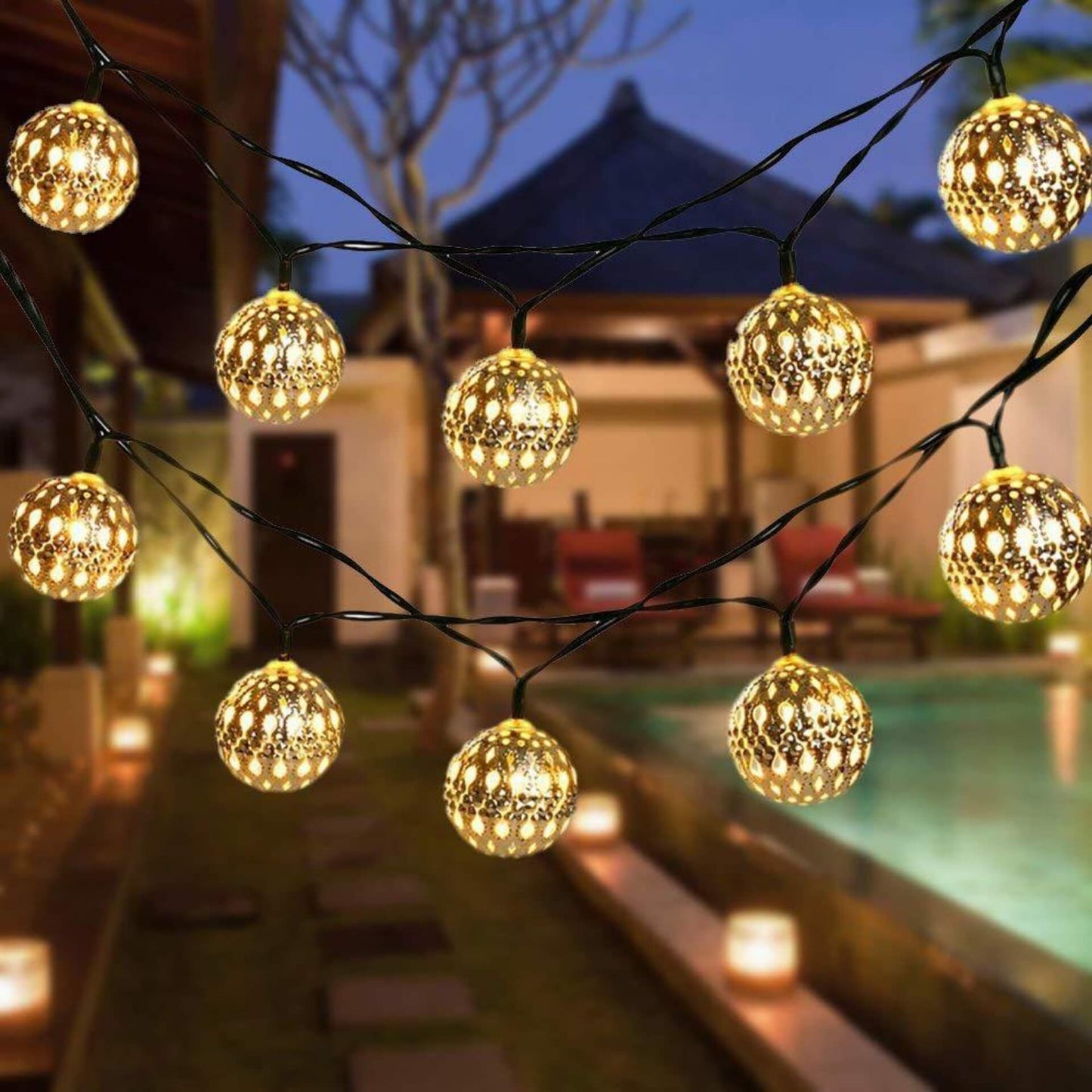 Solar garden lights garland featuring LED spherical lanterns in a Moroccan style, ideal for outdoor decoration, showcasing intricate metal designs that enhance your garden ambiance. 0