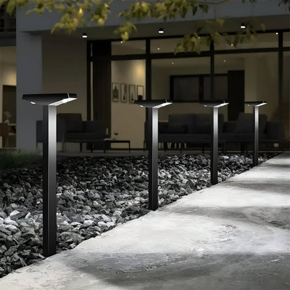 Solar garden lights set featuring a modern T-shaped design with dual LED lighting, weather-resistant construction, and solar-powered functionality, includes four pieces for outdoor illumination 0