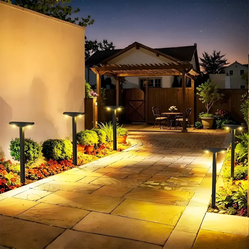 Solar garden lights set featuring a modern T-shaped design with dual LED lighting, weather-resistant construction, and solar-powered functionality, includes four pieces for outdoor illumination 2
